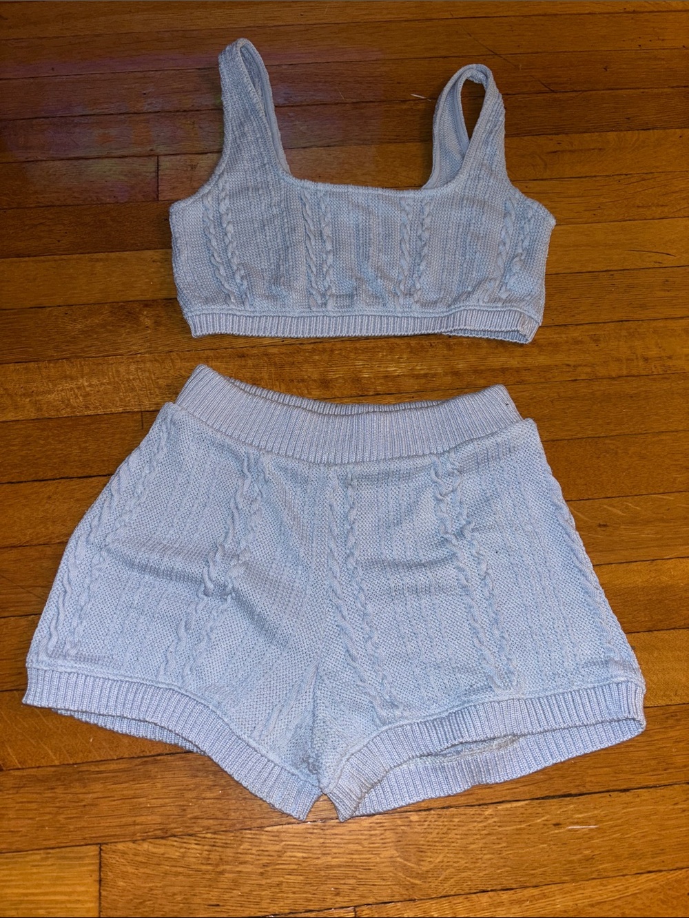 Zara Cozy Knit Cable-Detail Tank and Shorts Set - Light Blue